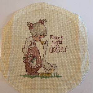 Finished Cross Stitch Precious Moment handmade "make a joyful noise' 8in circle